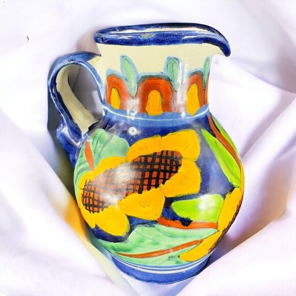Mexico Art Pottery Talavera Pitcher Carafe Multicolor Frutal Decor Hand Made VTG - Picture 1 of 16